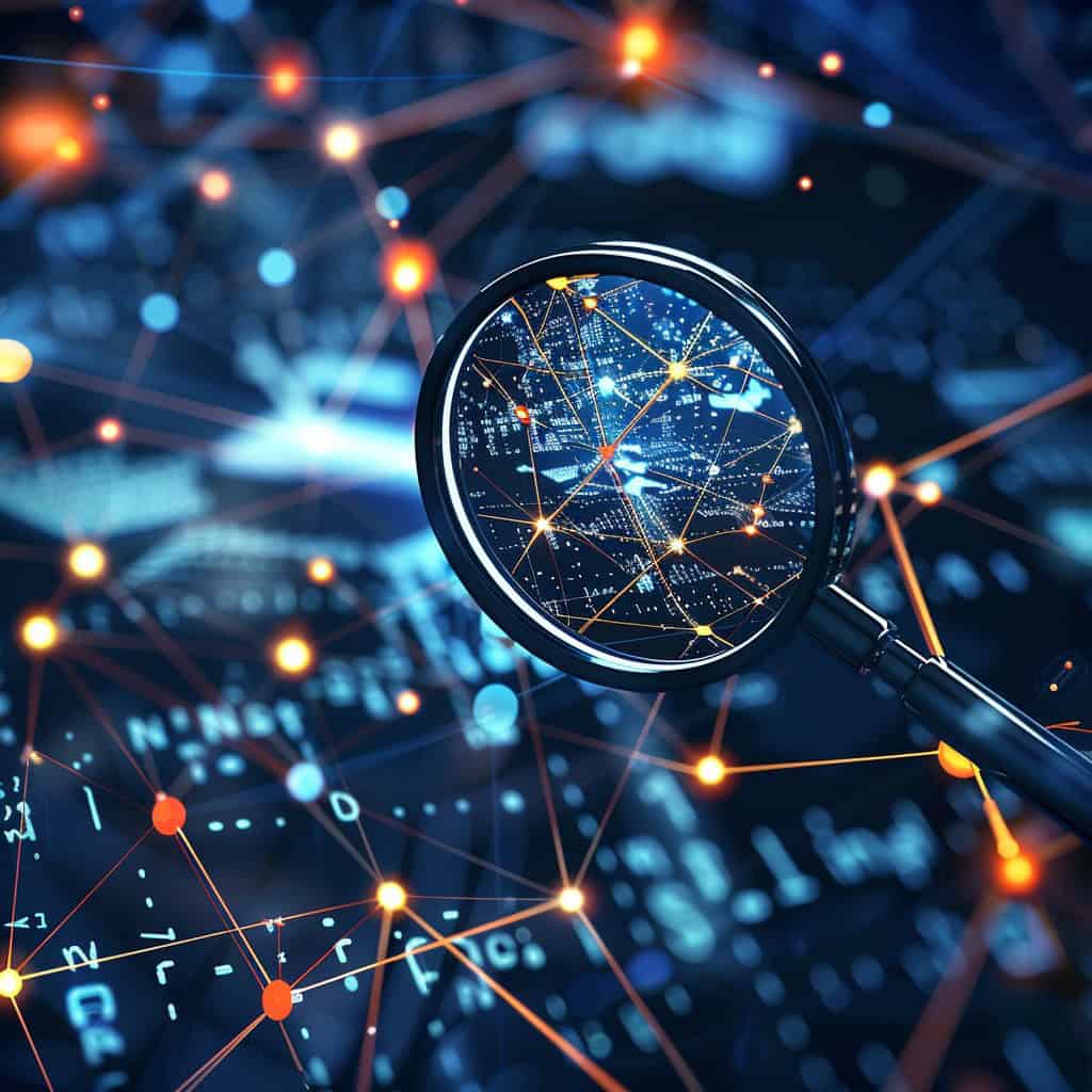 Maillage interne et netlinking SEO avec points de données lumineux.