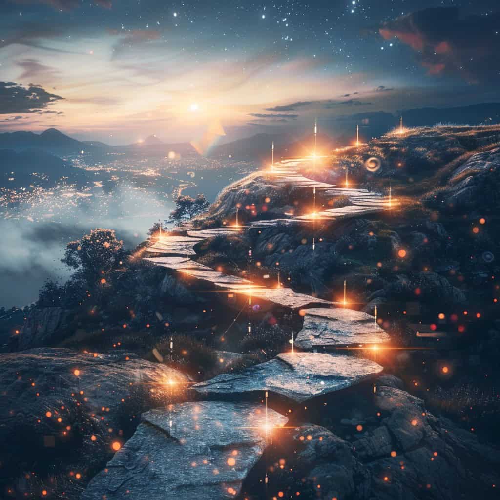 Chemin numérique lumineux représentant les étapes d'une méthodologie SEO vers la performance